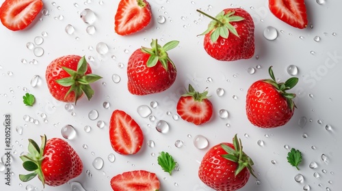flat lay composition ripe strawberries with white water drop on white background