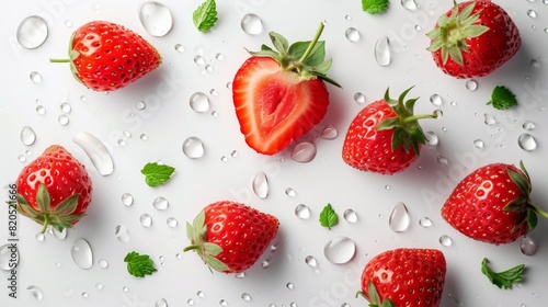 flat lay composition ripe strawberries with white water drop on white background