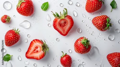 flat lay composition ripe strawberries with white water drop on white background