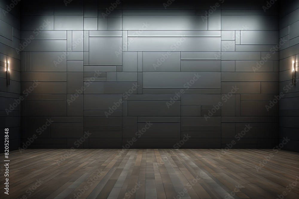 Modern empty room with dark wooden panels and subtle lighting in the evening Modern empty room with dark wooden panels and subtle lighting in the evening