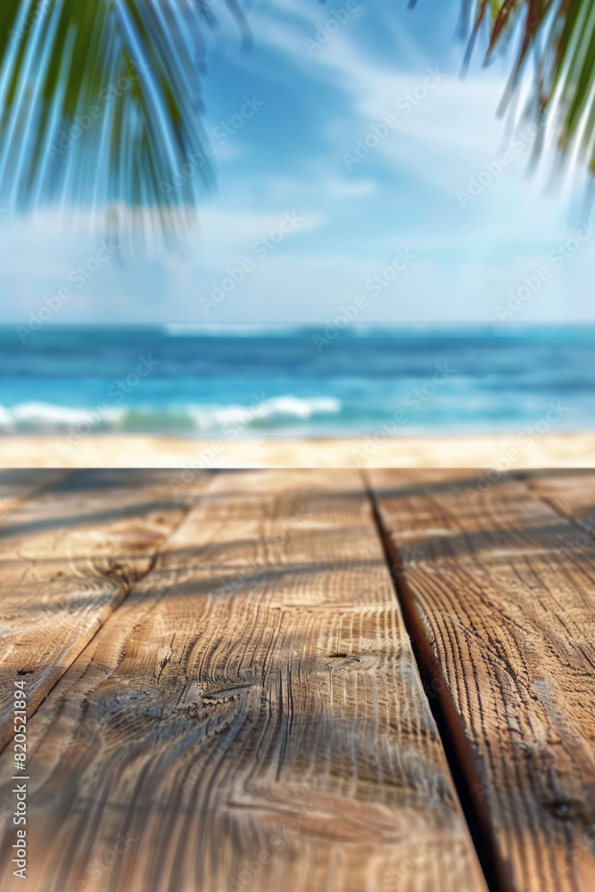 Fototapeta premium A wooden desk top with blurred background of beach. Good for background