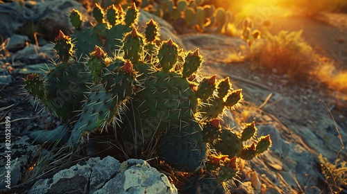 Overhead view of a prickly pear cactus with green fruit, illuminated by the soft hues of a desert sunset, creating a serene and warm atmosphere photo