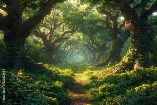 A Serene, Foggy Trail Through an Ancient Forest, Ideal for Themes on Solitude, Nature's Beauty, and Mythical Landscapes. Created with Ai