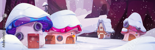 Magic gnome village with snow in winter forest. Cute fairy tale mushroom house for elf panorama background. Little old rural dwarf country exterior in woodland meadow for fairytale story design.
