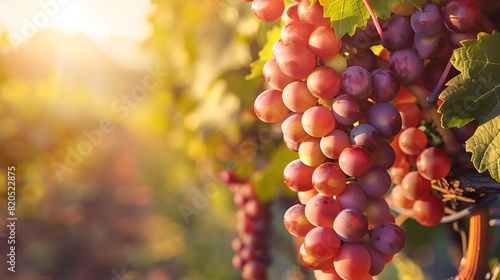 Dense cluster of ripe grapes hanging from the vine, ready for harvest in a sun-drenched vineyard. photo