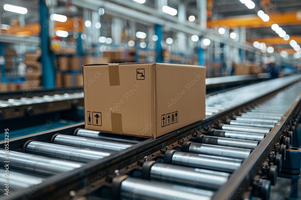 A box ordered by the customer is in the manufacturing process and moving in the middle of the sliding rail of the factory. A box ordered by the customer is in the manufacturing process and moving in the middle of the sliding rail of the factory.