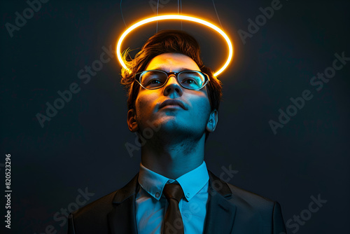 Arrogant young narcissist man in a fashion suit and in glasses looking up at camera and a halo glows above his head. Male narcissism concept photo