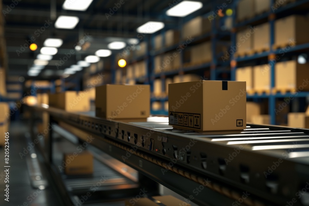 A box ordered by the customer is in the manufacturing process and moving in the middle of the sliding rail of the factory. A box ordered by the customer is in the manufacturing process and moving in the middle of the sliding rail of the factory.
