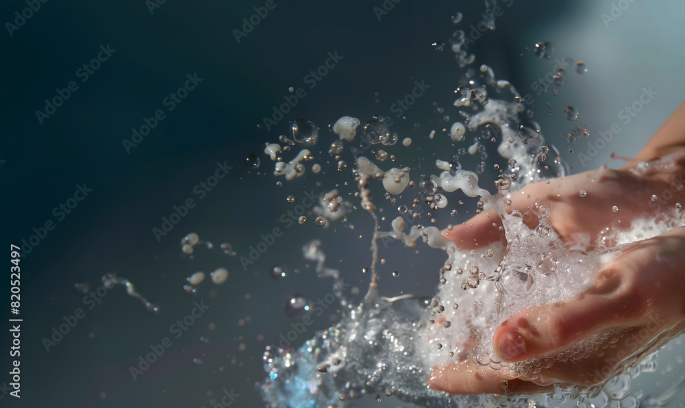 Fototapeta premium Fashion commercial advertisement. Pair of hands scoop soak in soapsuds soap foam water splashing with bubbles droplet dark background. shampoo facial skincare ad. copy text space 