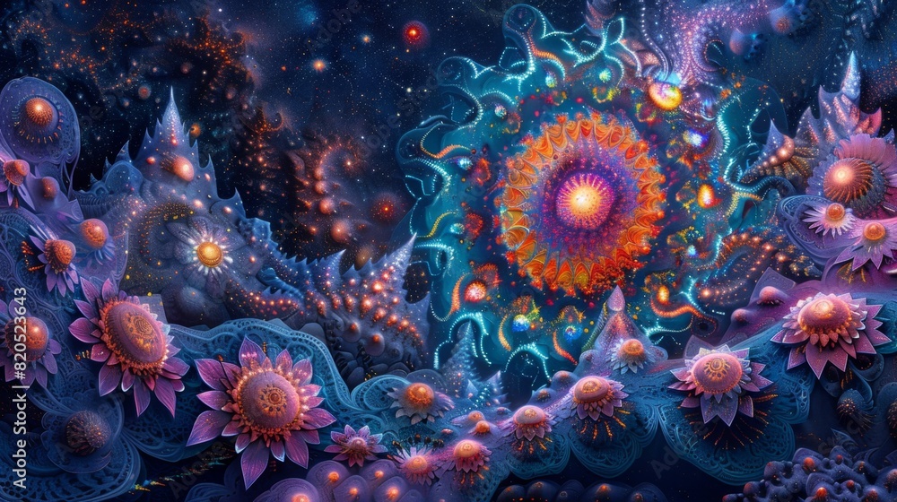 Cosmic Kaleidoscope - Geometric Symbols Exploding in Vivid Colors Against Night Sky Cosmic Kaleidoscope - Geometric Symbols Exploding in Vivid Colors Against Night Sky