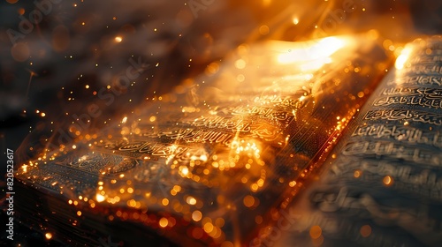 A close-up image of a Quranic verse written on a transparent film, with the sunlight passing through, creating a celestial glow against a solid background photo