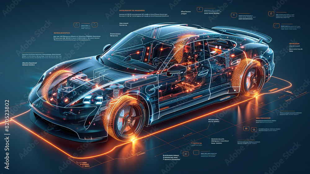 isometric diagram of a cutaway modern EV car showing all the components,generative ai isometric diagram of a cutaway modern EV car showing all the components,generative ai