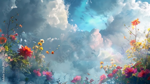 Digital painting of a surreal floral landscape, where vibrant flowers bloom amidst dreamy clouds and ethereal light against a pure white background. © Khan