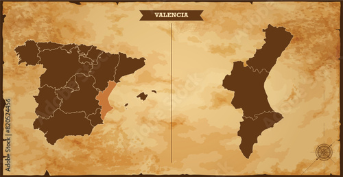 Valencia state map, Spain map with federal states in A vintage map based background, Political Spain Map