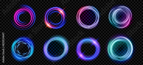 Neon light glow effect on abstract magic halo ring. 3d futuristic circular frame in blue, pink, green and purple. Electric beam and circle aura isolated on transparent background. Fantasy orb hole