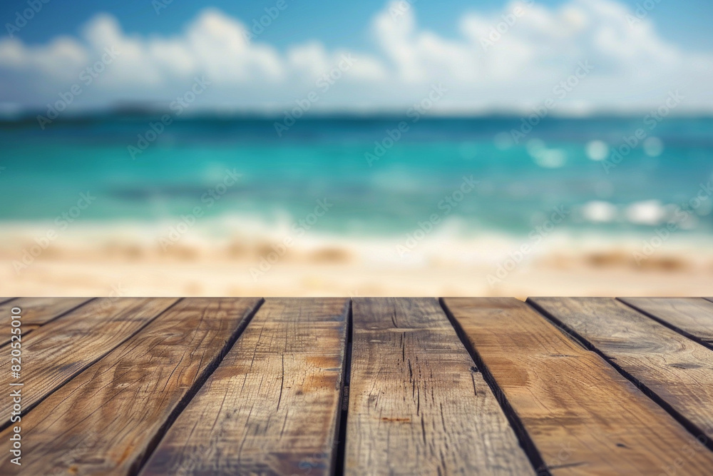 A wooden desk top with blurred background of beach. Good for background A wooden desk top with blurred background of beach. Good for background