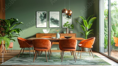 Modern dining room with green walls  orange chairs  wooden furniture  and indoor plants creating a stylish and cozy ambiance.