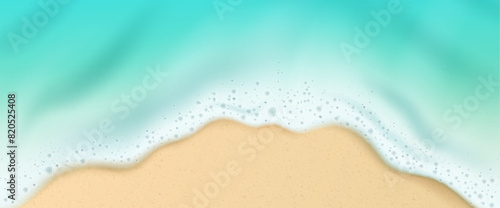 Water wave on sea sand beach 3d top view vector. Realistic ocean shore pattern with white foam and bubble on golden surface. Tropical summer vacation aerial banner design. Abstract travel illustration