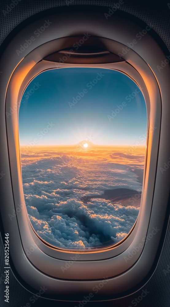 Sunrise viewed from airplane window showcasing beautiful cloudscape. Travel and adventure concept. Design for poster, travel blog, and inspirational quote backgrounds.
