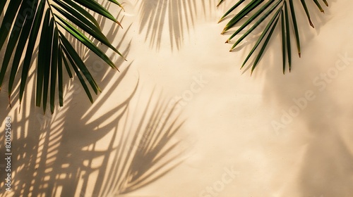 Banner of Palm leaf shadow on sand top view copy space : Generative AI