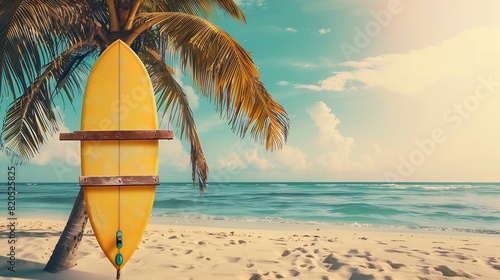 Surfboard and palm tree on beach with beach sign for surfing area Travel adventure and water sport relaxation and summer vacation concept vintage color tone image : Generative AI