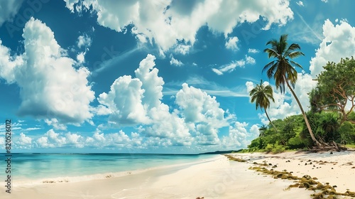 Beautiful beach with white sand turquoise ocean green palm trees and blue sky with clouds on Sunny day Summer tropical landscape panoramic view   Generative AI