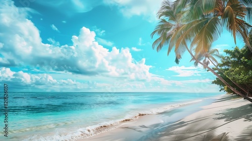 Beautiful beach with white sand turquoise ocean green palm trees and blue sky with clouds on Sunny day Summer tropical landscape panoramic view : Generative AI