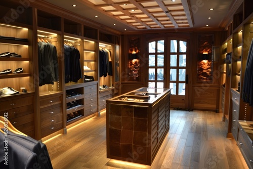 Luxurious walk-in closet with custom shelving and lighting. photo