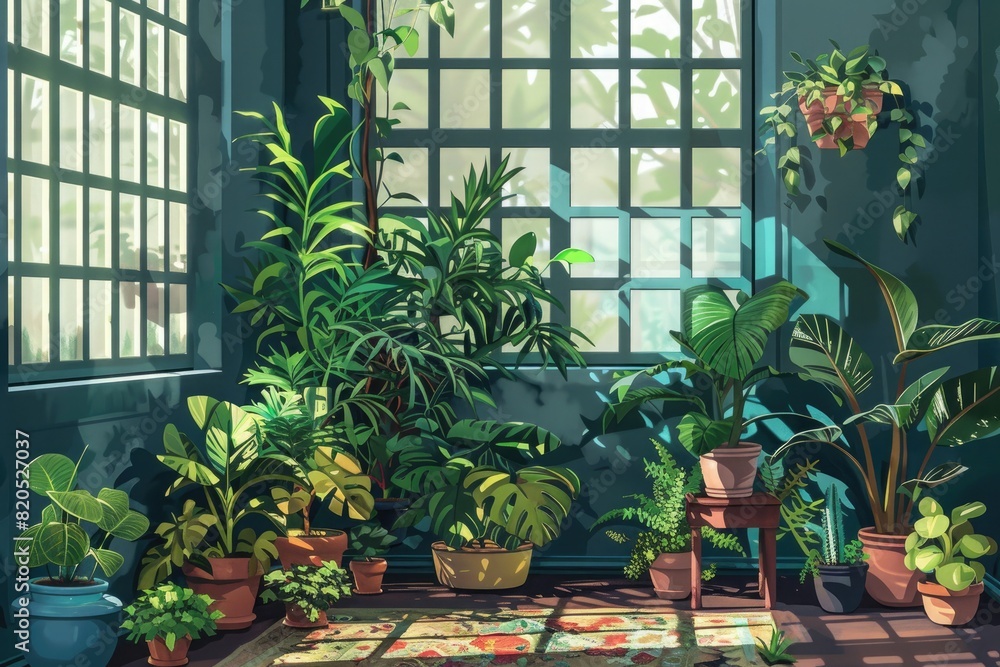 Lush indoor houseplant corner with various potted greenery. Lush indoor houseplant corner with various potted greenery.