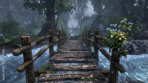 Old abandoned bridge in the middle of the forest. Generative AI