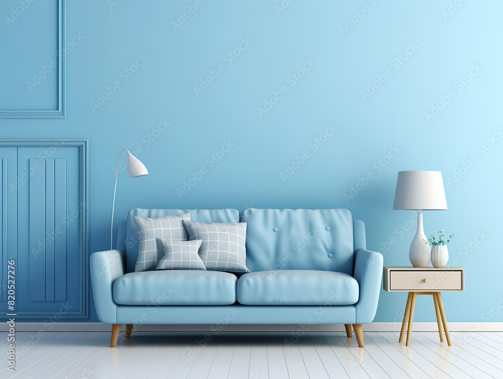 Attractive Interior of the room in plain monochrome pastel blue color with furnitures Attractive Interior of the room in plain monochrome pastel blue color with furnitures