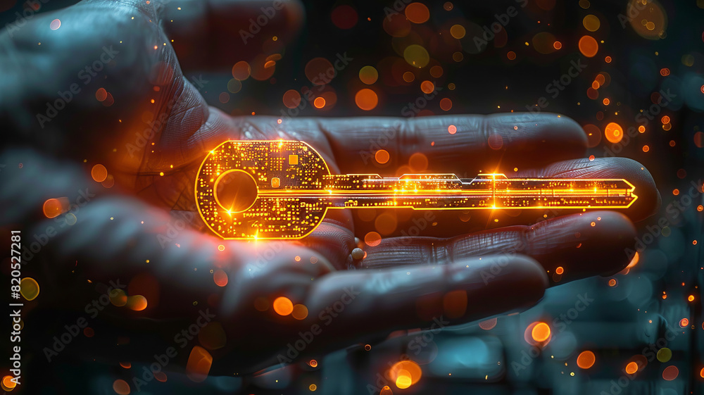 Digital key to the future: Hand holding a glowing key, unlocking technology,generative ai Digital key to the future: Hand holding a glowing key, unlocking technology,generative ai