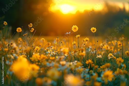 Abstract soft focus sunset field landscape of yellow flowers and grass meadow warm golden hour sunset sunrise time. Tranquil spring summer nature closeup and blurred forest background. Idyllic nature © Hamza