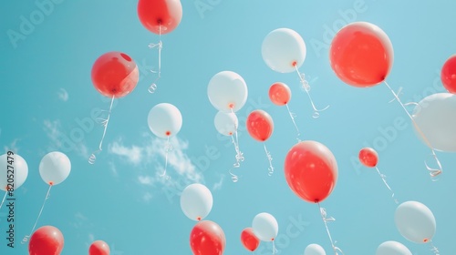 White and red balloons floating upwards, viewed from below, with a vivid clear sky enhancing their colors