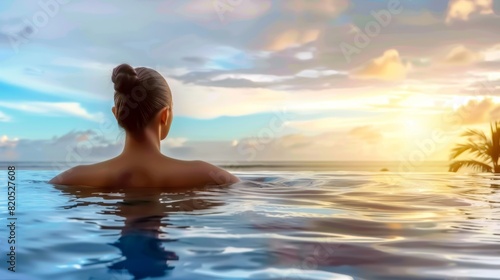 Woman Relaxing in Infinity Pool at Sunset.