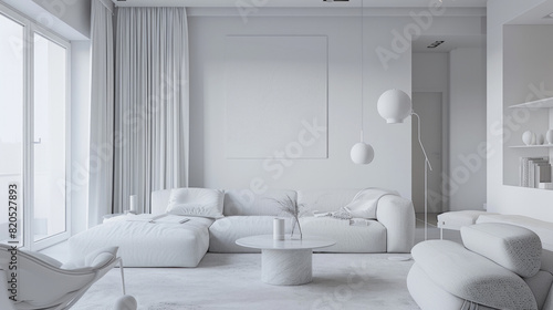 A white living room with a white couch  a white coffee table  and white chairs