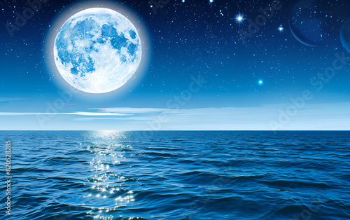 Blue moon over the sea with starts High detailed and Serene Blue Moon Over the Ocean