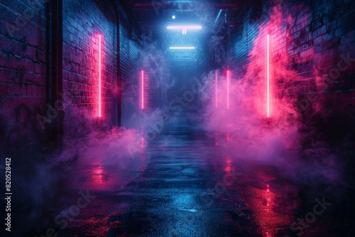 A dark  smokey tunnel with neon lights and a red and blue haze