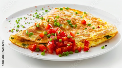 Tasty omelette with vibrant red bell pepper chunks, high-resolution food shot, isolated background, perfect lighting