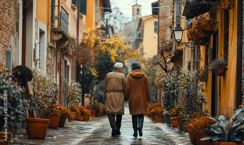 Couple walking in narrow picturesque street surrounded by colorful buildings and plants, creating a cozy and romantic atmosphere. © Trichaiwat