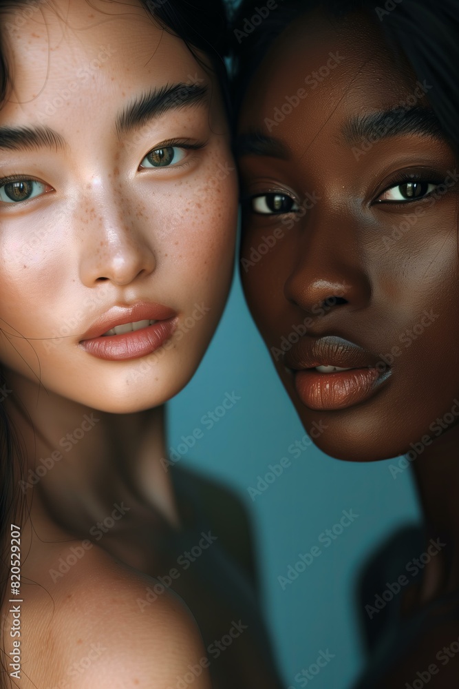 Asian and black models cheek to cheek, low key, glowing skin, natural beauty shot Asian and black models cheek to cheek, low key, glowing skin, natural beauty shot