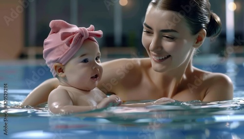 Mother and Baby Enjoying Pool Time Together.