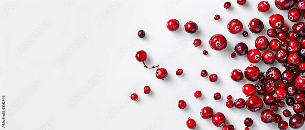 Fresh cranberries with some scattered around, their bright red color prominent on a white background Fresh cranberries with some scattered around, their bright red color prominent on a white background