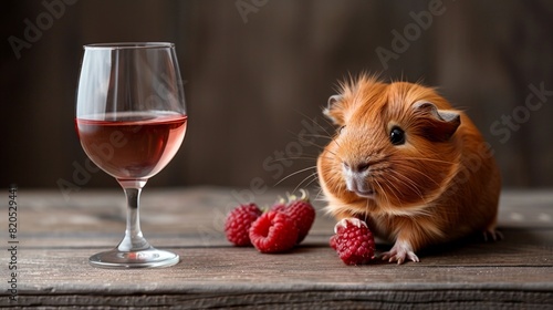 A small brown and white guinea pig is eating raspberries next to a wine glass