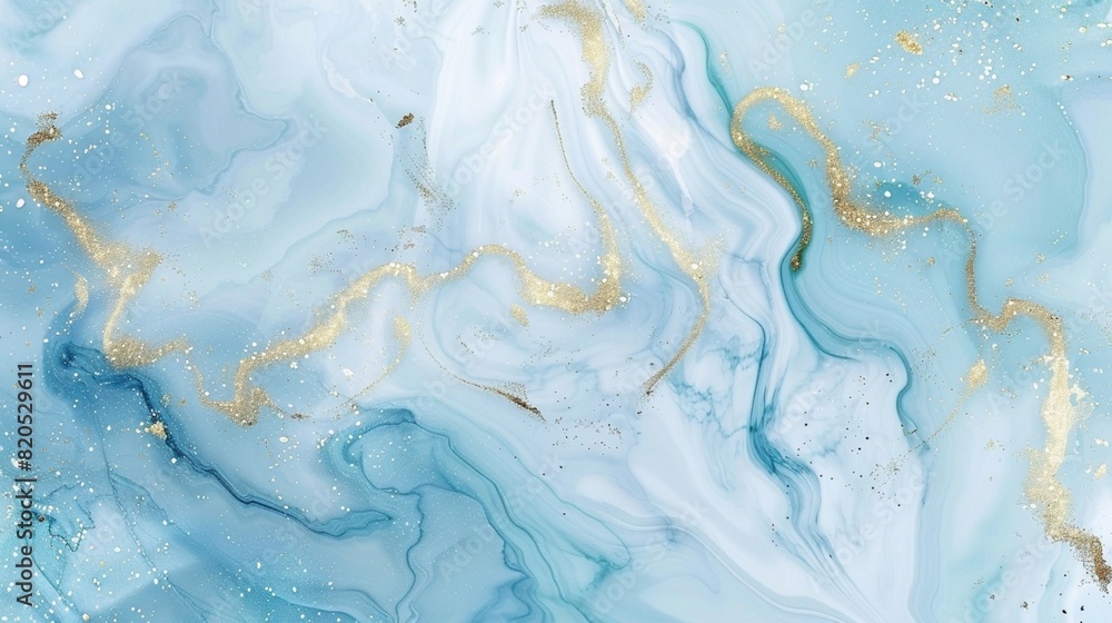 abstract background, white and blue marble with gold glitter veins, fake stone texture, painted artificial marbled surface. Fluid Art. 3D rendering