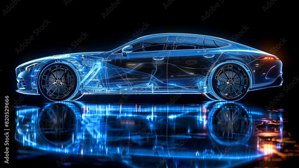 Blue hologram ordinary car, car structure, side view, black background,generative ai Blue hologram ordinary car, car structure, side view, black background,generative ai