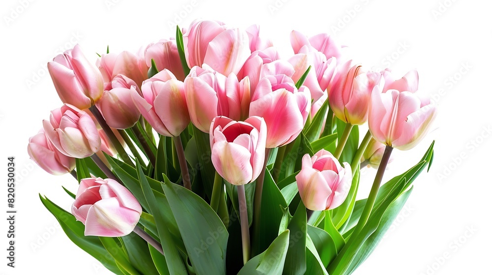 Fototapeta premium Fresh lush bouquet of pink tulips isolated on white : Generative AI