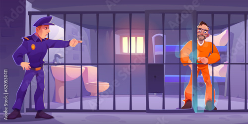 Policeman points at prisoner breaking out of jail. Vector cartoon illustration of police officer in uniform, male inmate in orange jumpsuit pouring toxic chemical substance on iron bars in cell