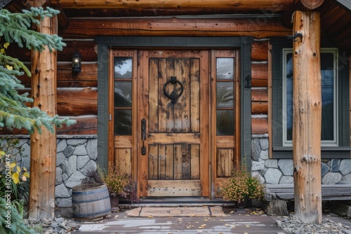 Entrance door made of old wooden logs, very detailed. Generative AI