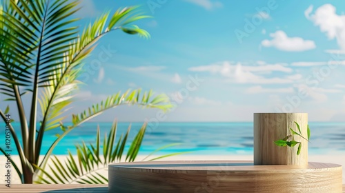 Summer product display on wooden podium at sea tropical beach   Generative AI
